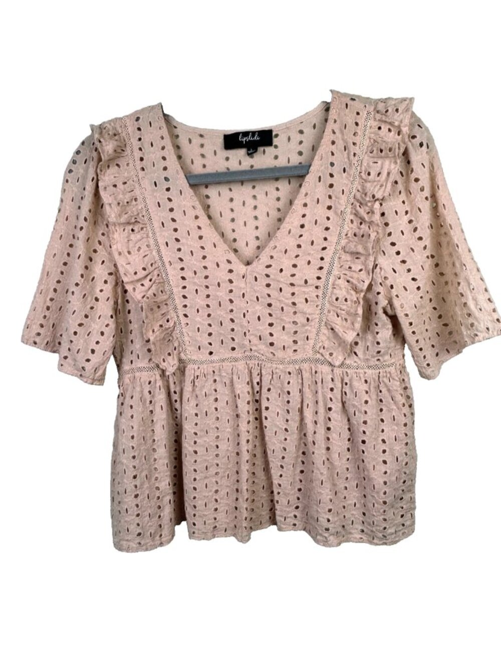 Lipslide Eyelet Ruffle Short Sleeve Top Nude Pink Cotton Blouse Peplum Shirt L